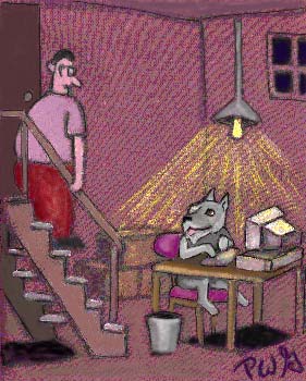 Bouvier in cellar working at computer ; from a Gary Larsen cartoon