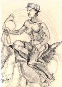 Pencil drawing of a nude huntress riding sidesaddle.